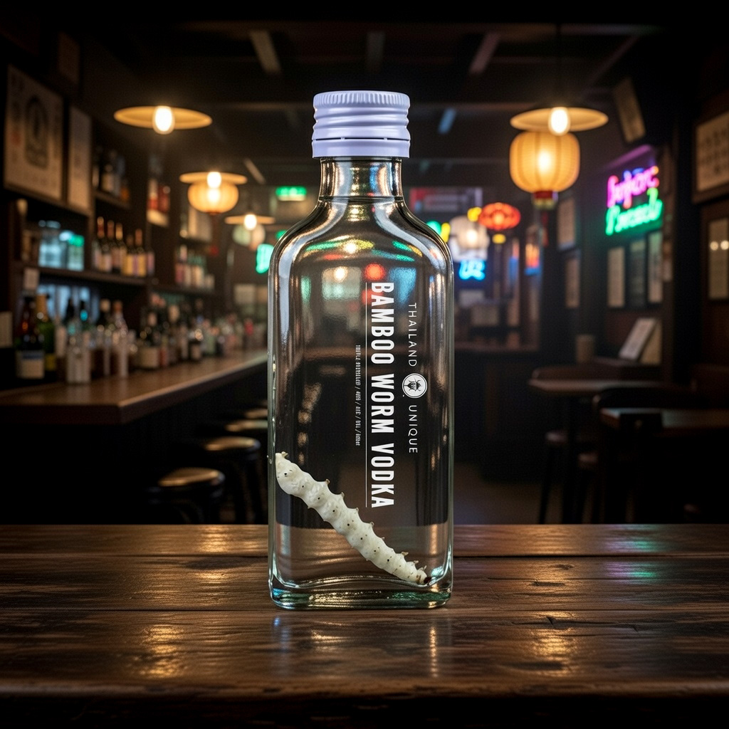 Bamboo Worm Vodka on table in bar Bamboo Worm Vodka on table in bar