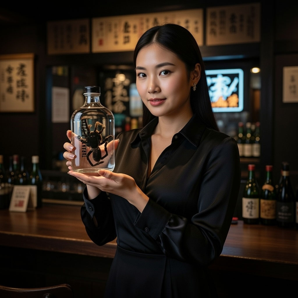 women holding tarantula vodka bottle